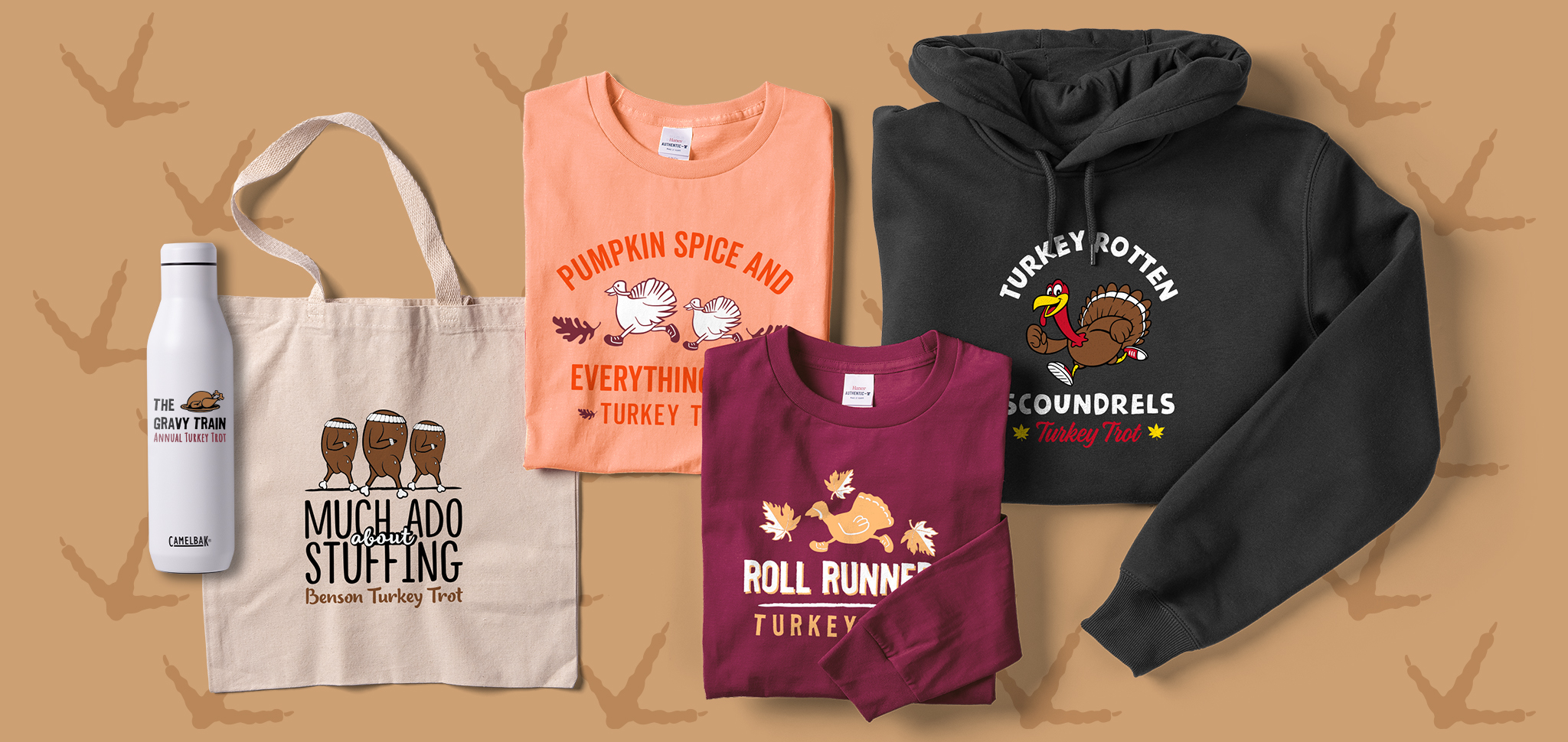 A water bottle, tote bag, two t-shirts, and a hoodie with turkey trot team name designs. 