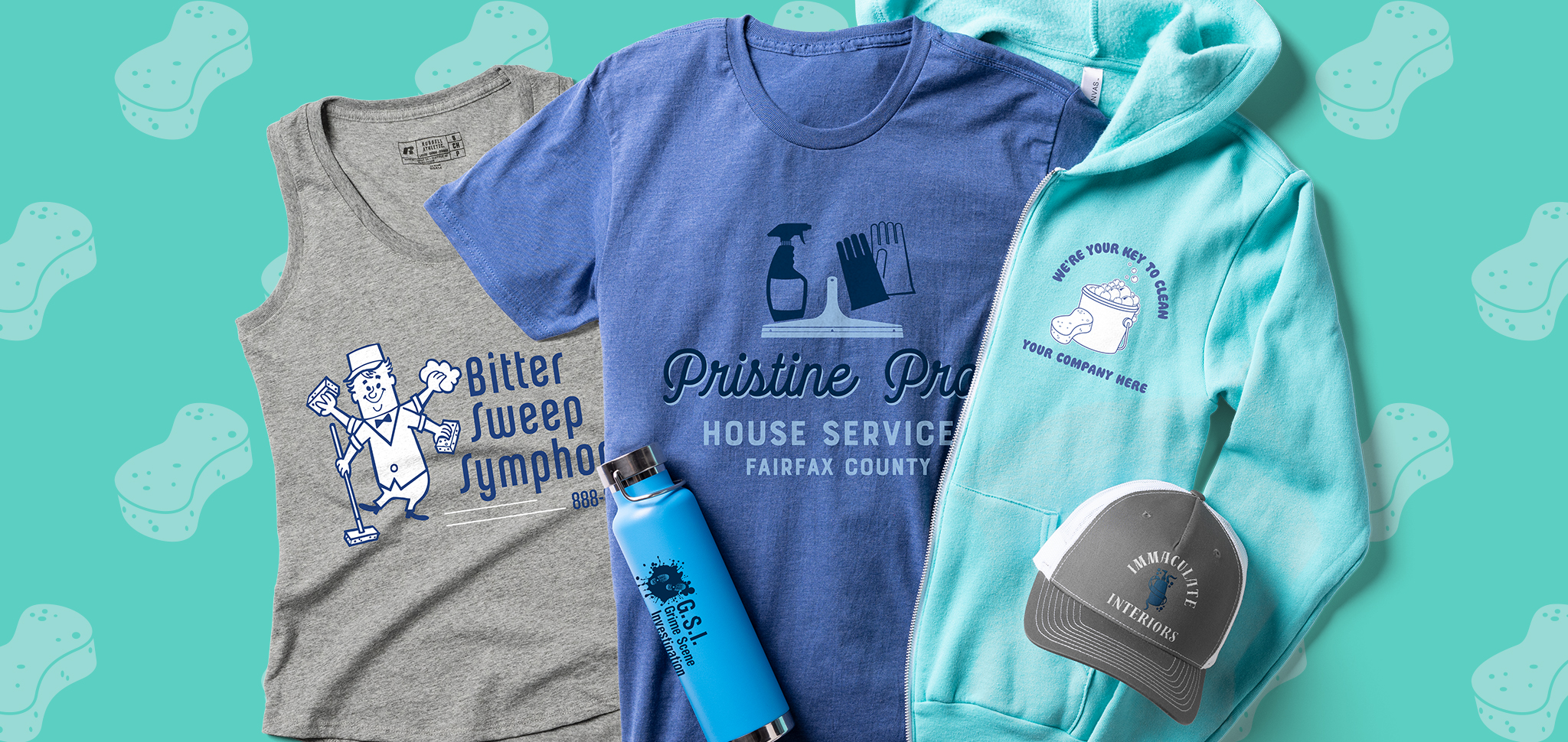 A graphic showing various custom apparel and accessories: a tank top that reads “Bitter Sweep Symphony”; a t-shirt that reads “Pristine Pros Services / Fairfax County”; a zip-up hoodie that reads “We’re Your Key to Clean / Your Company Here”; a water bottle that reads “G.S.I.: Grime Scene Investigation”; and a baseball hat that reads “Immaculate Interiors.” 