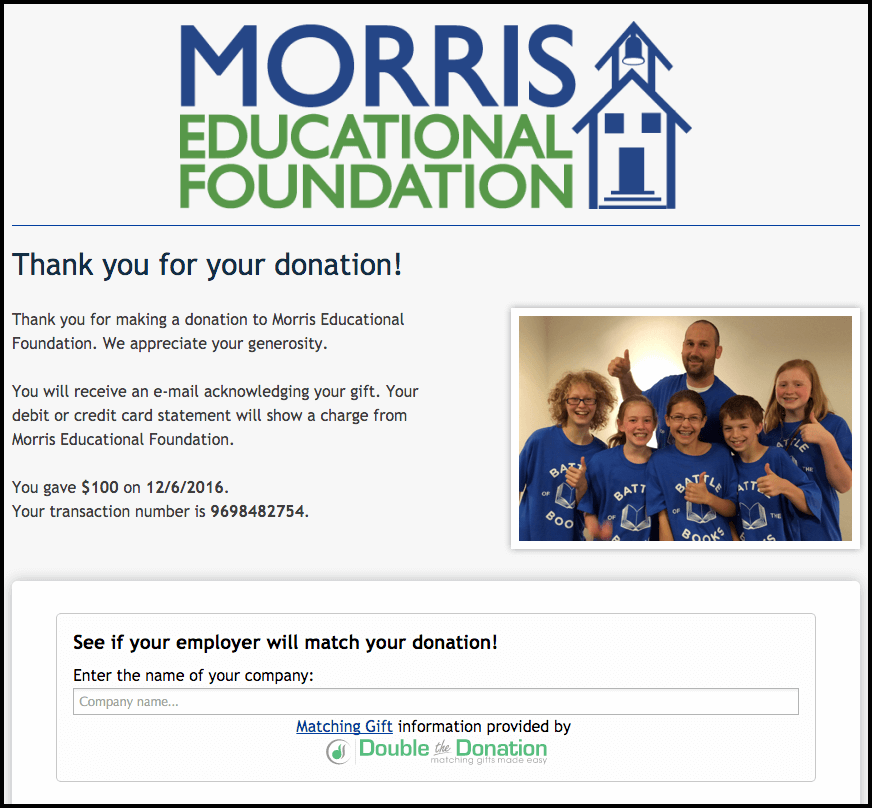 Matching gifts - Confirmation page - Morris Educational Fund