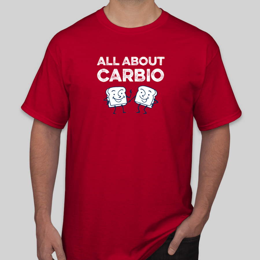 Father's Day Dad Joke Custom T-Shirt that shows two pieces of bread high-fiving and says "All about carbio"