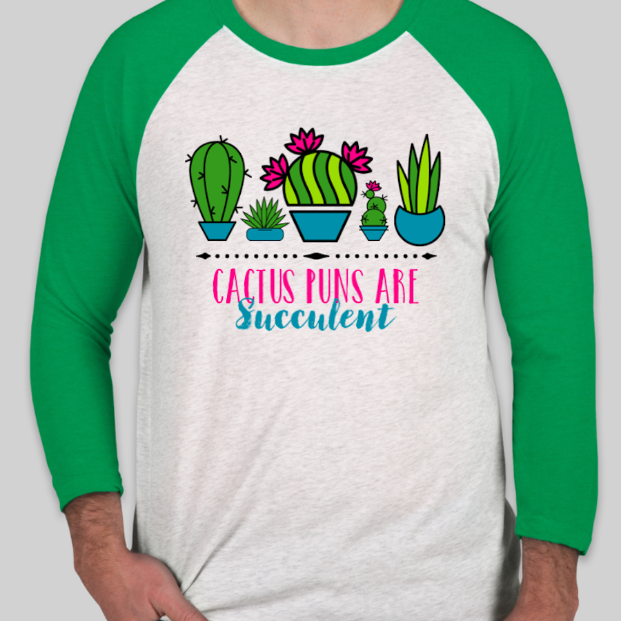 Father's Day Dad Joke Custom T-Shirt that shows a set of succulents and says "Cactus puns are succulent"