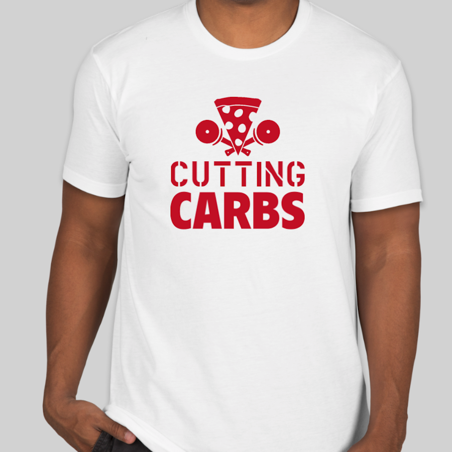 Father's Day Dad Joke Custom T-Shirt that shows a piece of pizza and a pizza cutter and says "Cutting carbs"