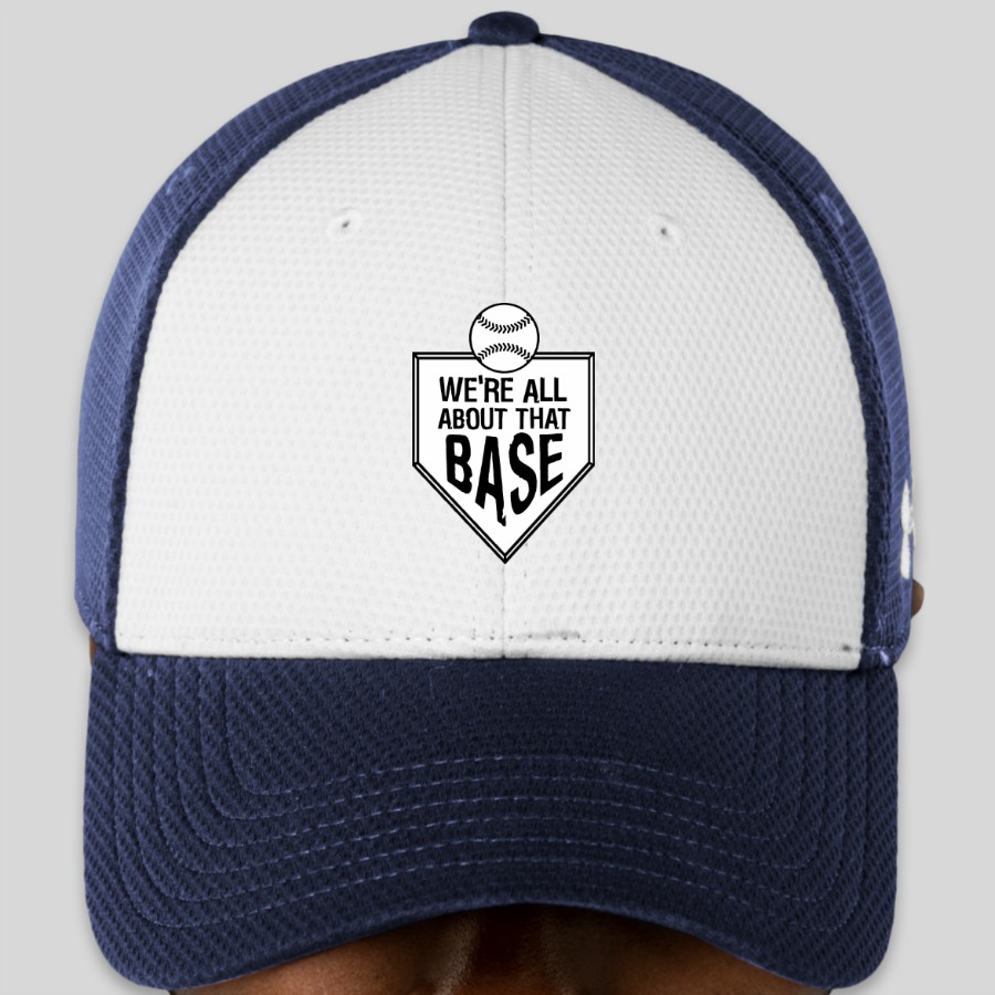 custom baseball hat with baseball and diamond that says we're all about that base