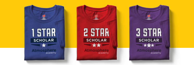 three custom t-shirt rewards that say one star, two star, three star scholar