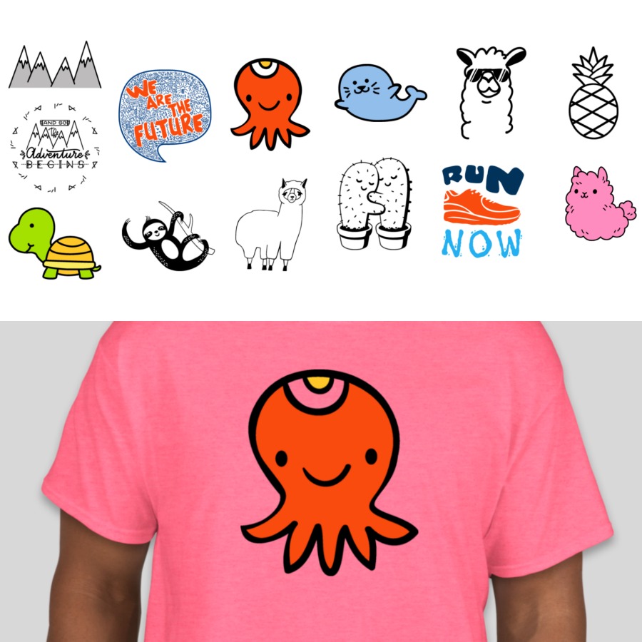 hand drawn t-shirt design ideas including mountains, octopus, llama, pineapple, sloth, turtle, cats, and hugging cacti