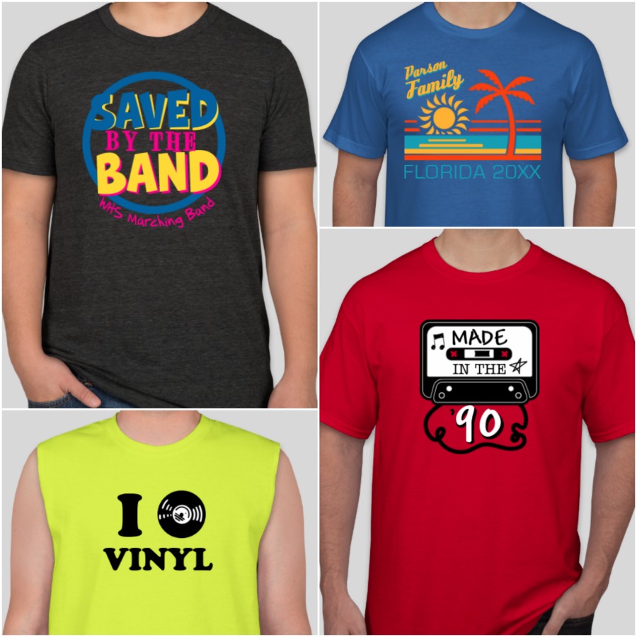 retro nostalgia t-shirt design ideas including saved by the bell, cassette tapes, and vinyl records