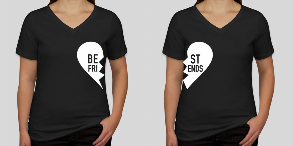 Custom best friend shirts showing two halves of a heart with "best friends" on two separate shirts.