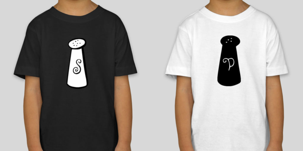 Custom best friend shirts with a salt shaker on one and a pepper shaker on the other.