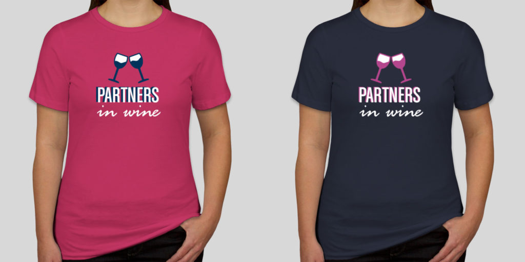 Custom best friend shirts in pink and blue that say "Partners in Wine".