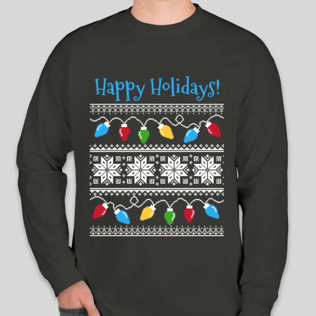 A custom tacky holiday t-shirt with the words happy holidays on it. The design also features colorful holiday lights and a snowflake pattern