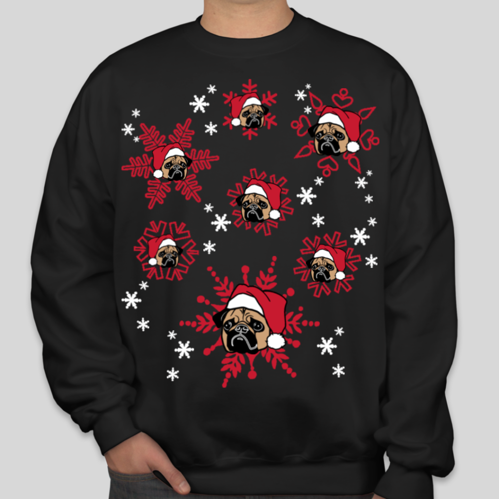 Custom tacky holiday sweatshirt with pugs wearing Santa hats in red snowflakes.