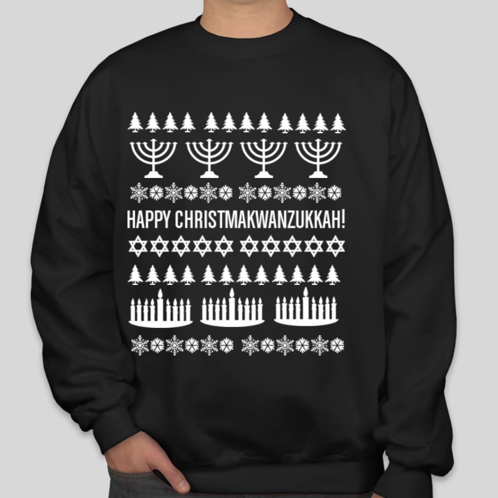 Custom tacky sweater with the words Happy Christmakwanzukkah on it. Has images of menorah, pine trees, snowflakes, and the star of david.