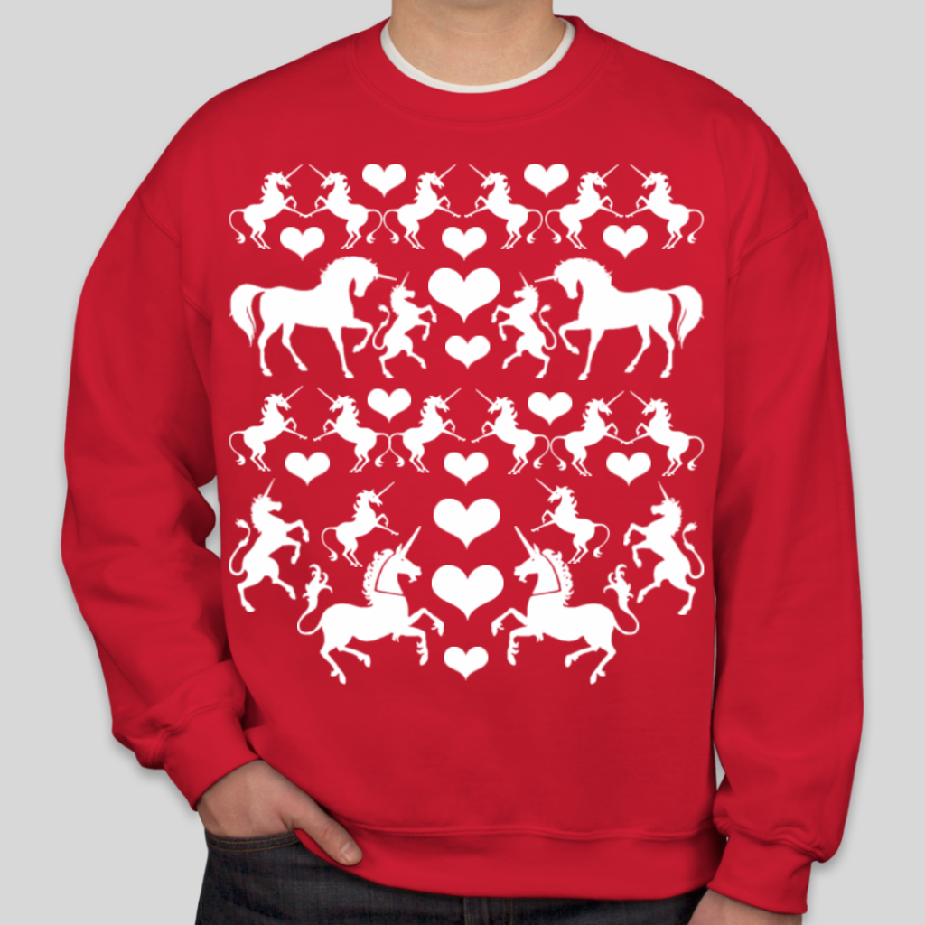 Customs tacky holiday sweatshirt with unicorns and hearts on it.