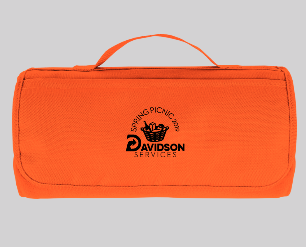 custom blanket that rolls up in orange with a spring picnic corporate company logo on it