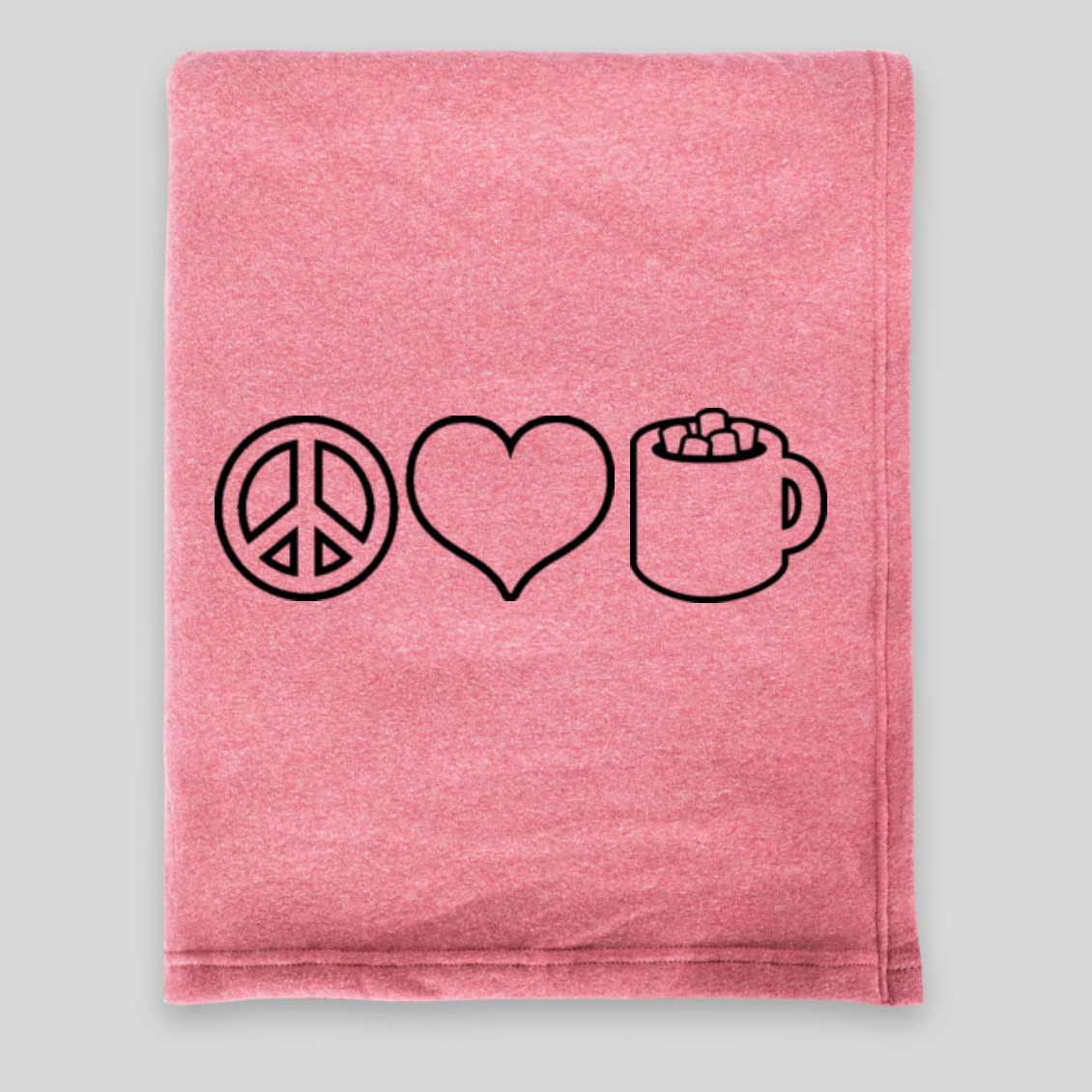 custom blanket with peace sign, heart, and cup of cocoa