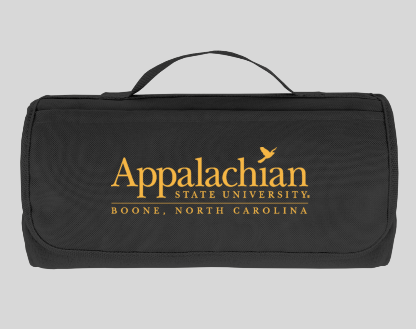 custom roll up stadium blanket in black with the appalachian state university logo on it