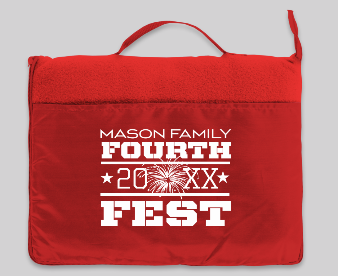 red custom fleece travel blanket with the words "mason family fourth 20xx fest" and fireworks and stars