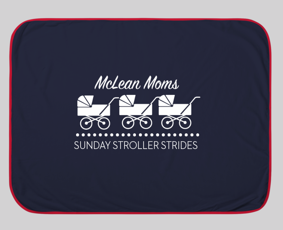 custom baby blanket in blue with red trim and strollers on it the words say "McLean Moms Sunday Stroller Strides"