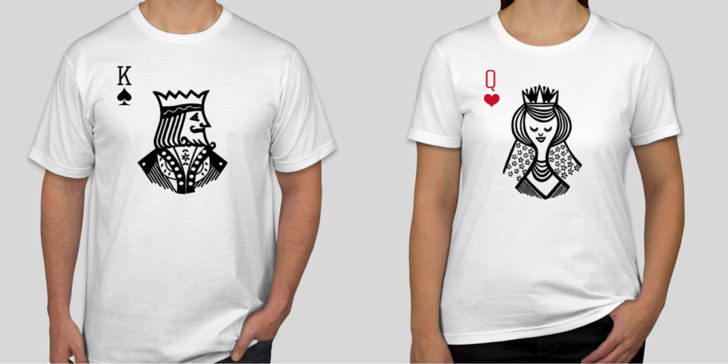 A pair of custom couple t-shirts with the king of spades and queen of hearts playing cards on them.