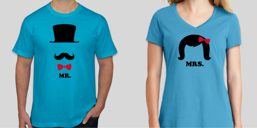 A pair of custom couple t-shirts with Mr. and Mrs. written on them.