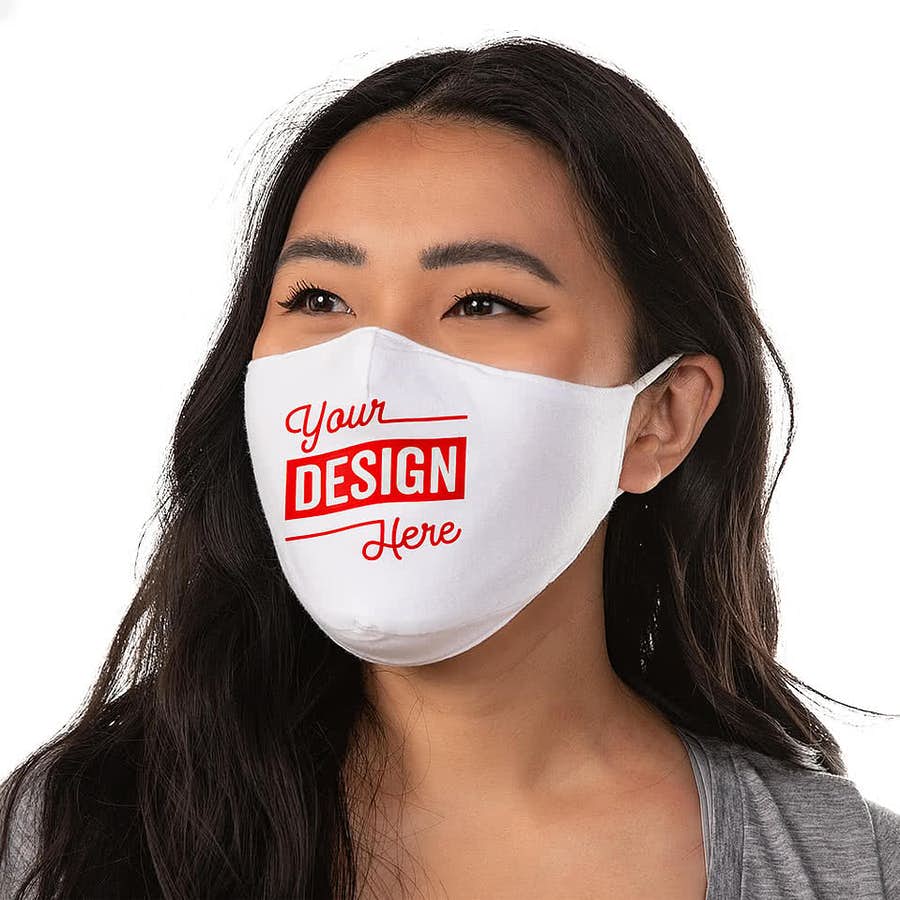A woman wearing a white custom mask with a design that says "Your design here"