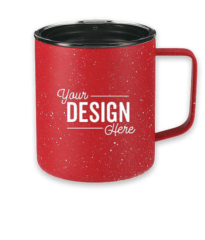 A metal custom mug with a lid and handle. The color is red with white flecks and it has a center design.