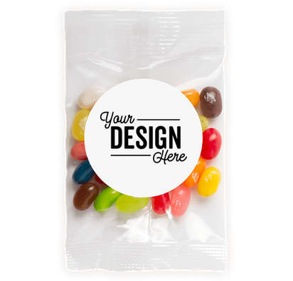 Custom bag of jelly beans by Jelly Belly with a round white label