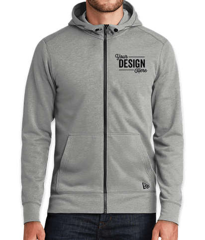 A heather gray custom hoodie with a black zipper, pouch pockets, and a left chest decoration
