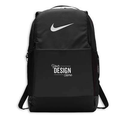 A black custom backpack with a large Nike swoosh on the top third of the front and a design area on the center of the front bottom pocket.