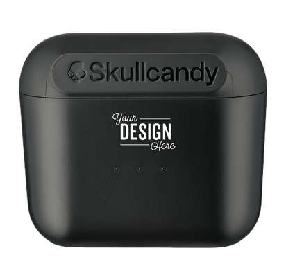Wireless earbuds in a black hard case that is wider than it is tall. The custom design is small and on the front.