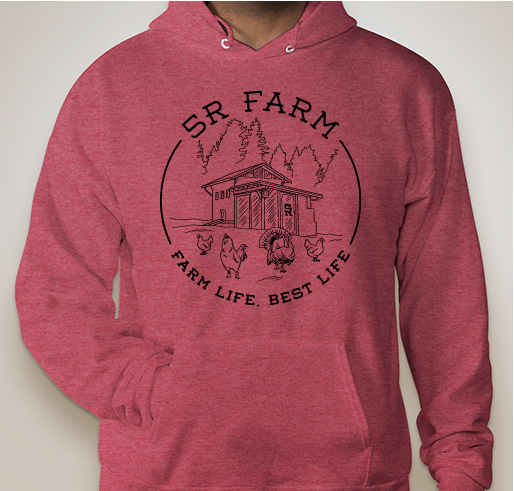 Hanes EcoSmart 50/50 Pullover Hoodie with the finished 5R Farm design of the fowl in front of the coop.