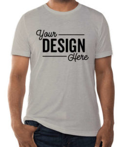 A cropped image of a male model's torso wearing a grey custom t-shirt with black text that reads Your Design Here