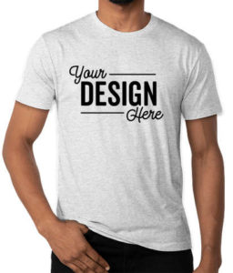 A cropped image of a male model's torso wearing a light grey custom t-shirt with black text that reads Your Design Here