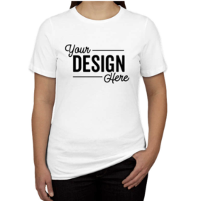 A woman wearing a white custom t-shirt with a custom design that reads "Your design here"