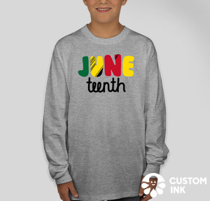 A gray custom sweatshirt with Juneteenth written in colorful fun font.