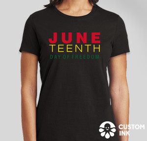 A black custom shirt featuring the text Juneteenth Day of Freedom in simple colors.