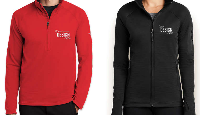 Two custom jackets, the The North Face Mountain Peaks Quarter Zip Fleece Pullover and the The North Face Women's Mountain Peaks Full Zip Fleece Jacket