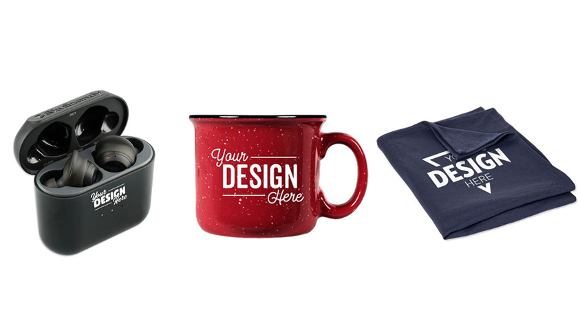 An assortment of custom products perfect for working from home with. Custom headphones, custom camper mugs, and custom sweatshirt blankets