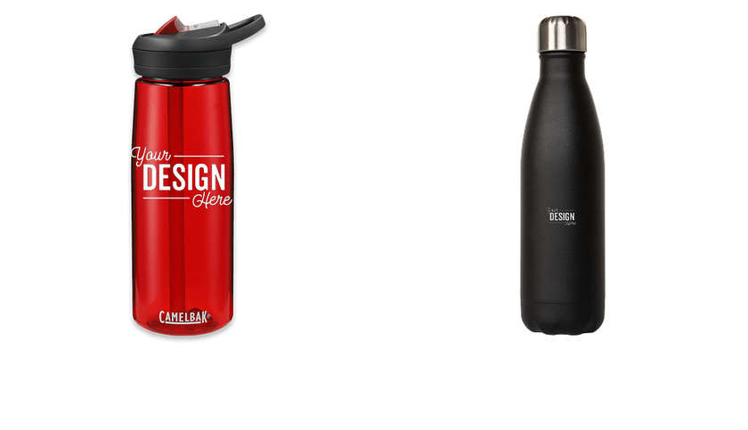 Two custom water bottles, the S'well Laser Engraved 17 oz. Stone Insulated Water Bottle and the CamelBak 25 oz. Eddy Tritan Renew Water Bottle