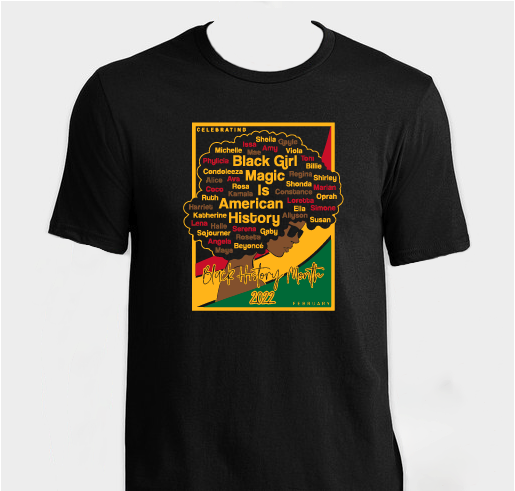 black t-shirt with the names of important Black figures in history printed against the colors of Africa