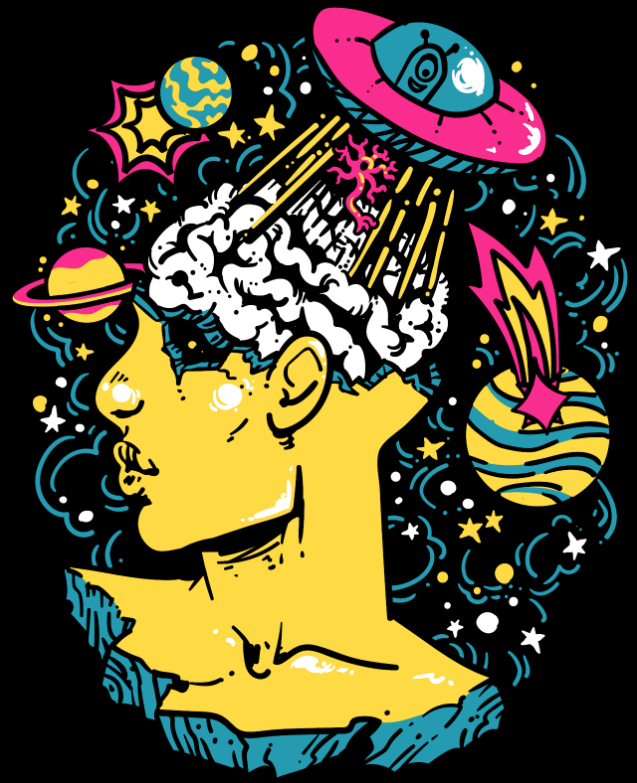 Illustration of a bust with planets coming out of the brain