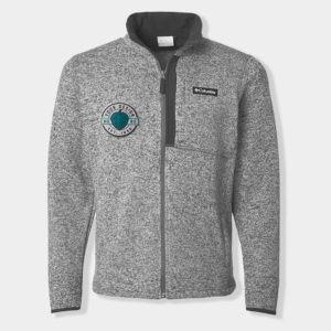 A photo of a Columbia Sweater Weather Fleece Jacket in City Grey Heather with a teal, circular logo on the right chest.