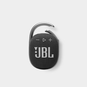A photo of a black JBL Clip 4 Portable Waterproof Speaker with clip opened