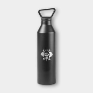 A photo of a black MiiR Laser Engraved 23 oz. Vacuum Insulated Water Bottle with a "Your Gym" logo and hand holding a dumbbell on the front. 