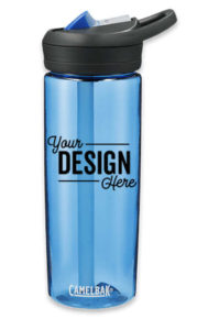 An Oxford Blue CamelBak 25 oz Eddy Tritan Renew Water Bottle with a black lid. "Your Design Here" is printed on the bottle in black ink. 