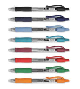 A vertical row of variously colored Pilot G2 Premium Gel Roller Pens.
