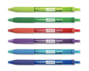 A row of variously colored Papermate InkJoy Pens displaying "Your Logo Here" on the body of the pens.