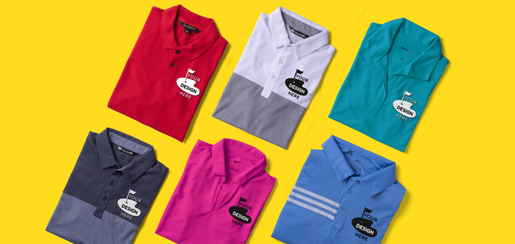 An assortment of custom golf polos on a yellow background. 