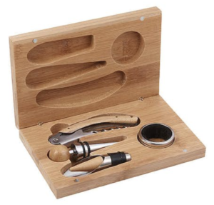 The Laser-Engraved 4-Piece Bamboo Wine Gift Set is a great corporate gift for your refined employees and clients.