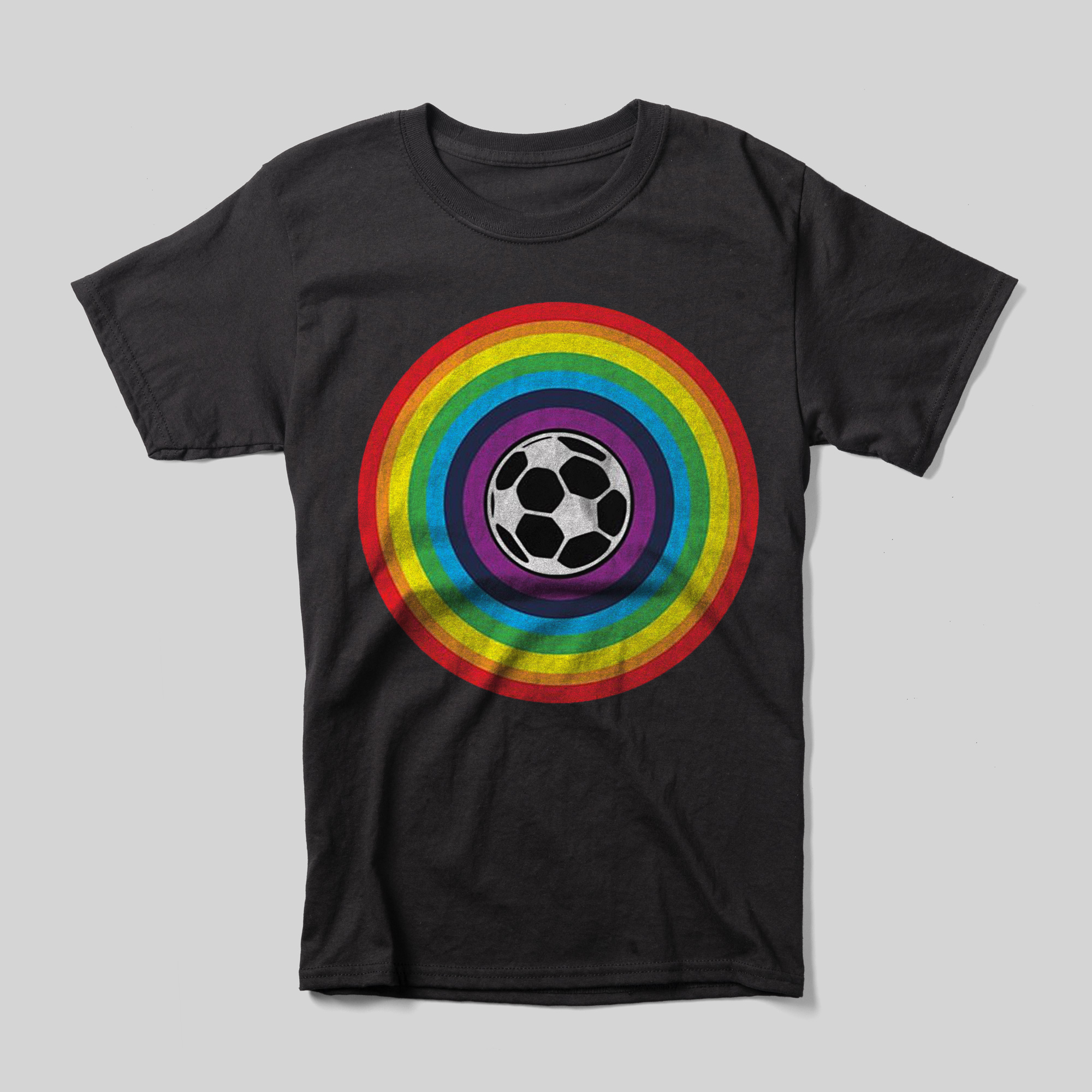 A black t-shirt showing a circular rainbow with a soccer ball in the center.
